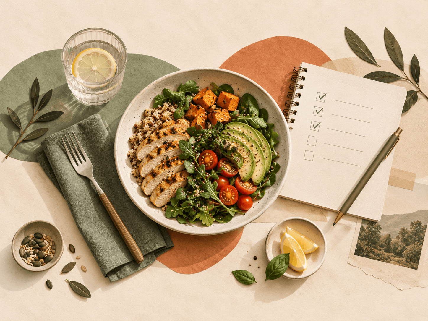 Un repas coloré et un carnet de préparation