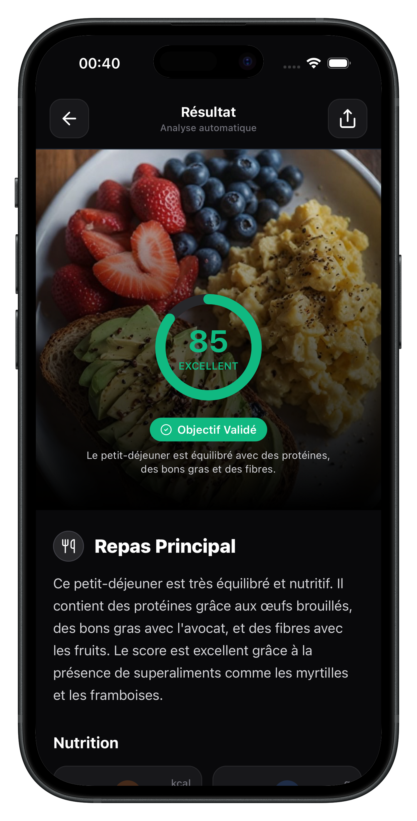 Écran BeFood résultat d'analyse automatique d'un repas