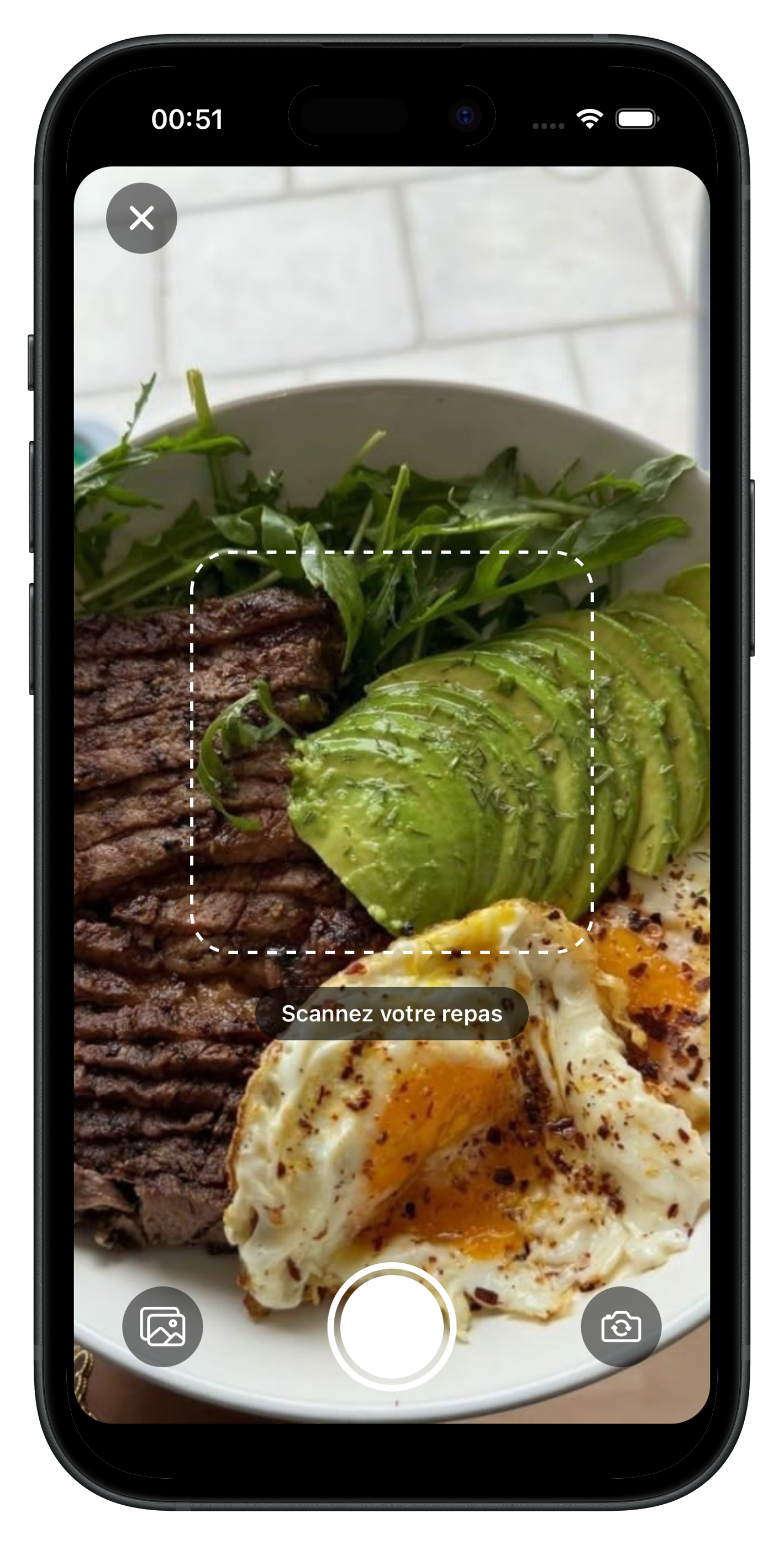 Écran BeFood de scan caméra d'un repas
