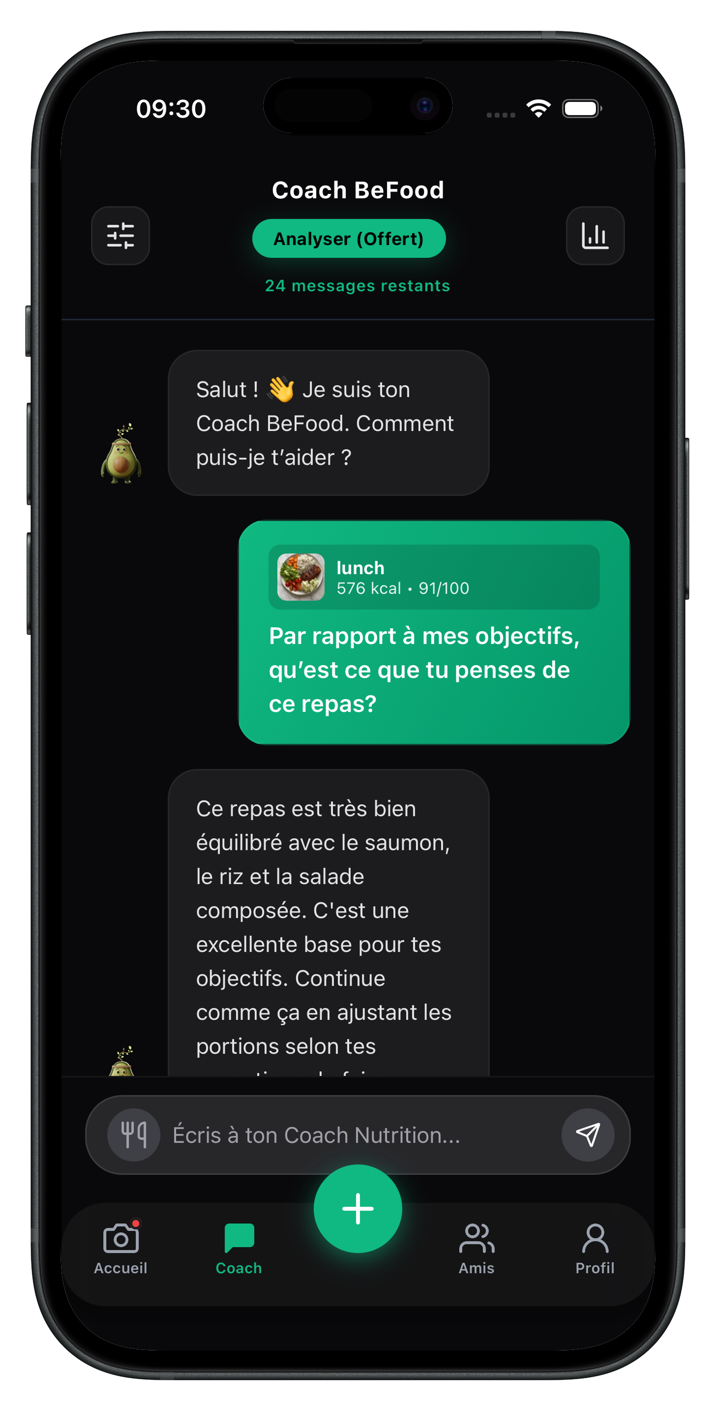 Écran BeFood conversation avec le coach nutrition