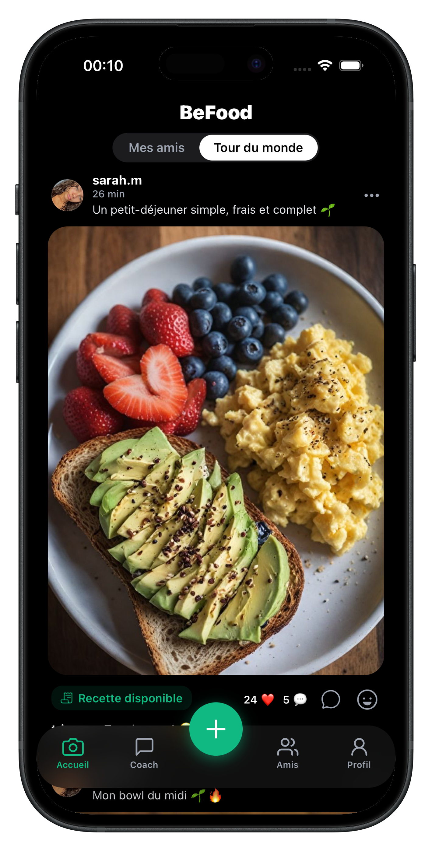 Écran BeFood fil social avec publication d'un petit-déjeuner